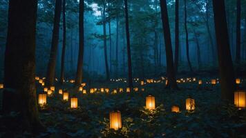 A serene forest illuminated by glowing lanterns, creating a magical and tranquil atmosphere. photo
