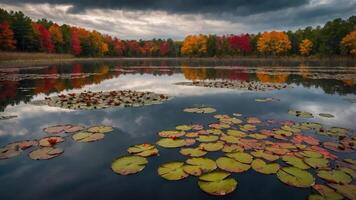 A serene lake scene with lily pads and vibrant autumn foliage reflecting on the water. photo