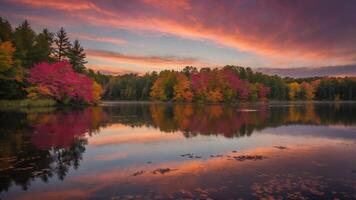 A serene lakeside scene with vibrant autumn foliage reflecting in calm waters under a colorful sky. photo
