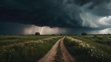 A dirt path leads through a vibrant field under a dramatic stormy sky with lightning. photo