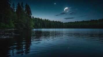 A tranquil night scene over a calm lake surrounded by trees, illuminated by a crescent moon and stars. photo