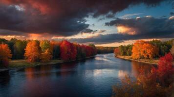 A serene riverside view showcasing vibrant autumn foliage under a dramatic sky. photo
