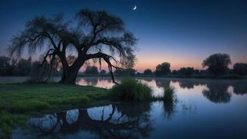 A serene twilight scene with a tree reflected in a calm body of water under a crescent moon. photo