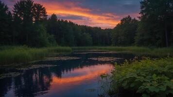 A serene sunset over a tranquil pond surrounded by lush greenery and vibrant reflections. photo