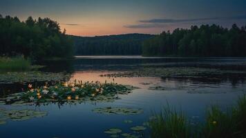 A serene lake at dusk, surrounded by trees and water lilies, reflecting the twilight sky. photo