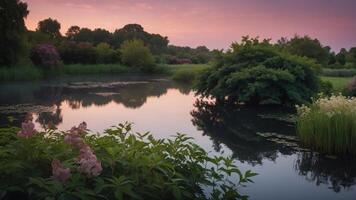 Tranquil landscape at dusk featuring a serene pond surrounded by lush vegetation and colorful flowers. photo