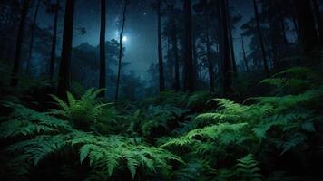 A serene night scene in a forest, illuminated by moonlight, surrounded by lush ferns. photo