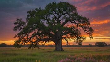 A majestic tree stands in a vibrant sunset, surrounded by a colorful field of flowers. photo