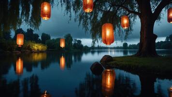 A serene lakeside scene illuminated by glowing lanterns hanging from a tree, reflecting in the water. photo
