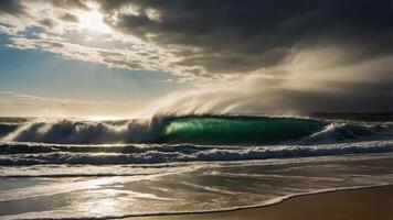 A dramatic wave crashes on a beach under a moody sky, capturing the beauty of nature's power. photo