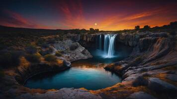 A serene waterfall cascades into a tranquil pool, illuminated by a colorful sunset sky. photo