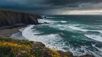 A dramatic coastal scene with waves crashing against cliffs under a stormy sky. photo