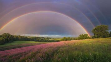 A vibrant landscape featuring multiple rainbows over a colorful field of flowers and lush greenery. photo
