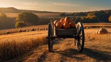 A rustic cart filled with pumpkins sits in a golden field during a serene autumn sunset. photo