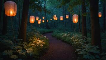 A serene forest path illuminated by hanging lanterns, creating a magical atmosphere. photo