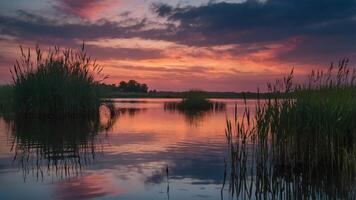 A sunset over a lake with reeds and grass photo
