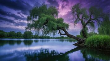 A serene lakeside view with a willow tree silhouetted against a colorful sunset. photo