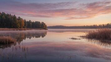 A serene lakeside view at dawn, reflecting colorful clouds and surrounded by lush vegetation. photo