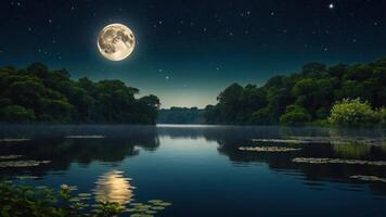 A serene night scene featuring a full moon reflecting on a tranquil lake surrounded by lush trees. photo