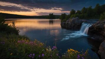 A serene sunset over a lake with a waterfall, surrounded by lush greenery and colorful flowers. photo
