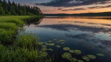 A serene lakeside view at sunset, featuring calm waters, lush greenery, and lily pads. photo