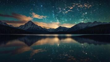 A serene night landscape featuring mountains and a starry sky reflected in calm water. photo