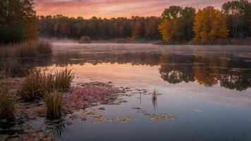 Serene lake at dawn with mist, colorful trees, and lily pads reflecting in calm waters. photo