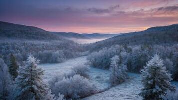 A serene winter landscape with frosted trees and a misty valley at dawn. photo