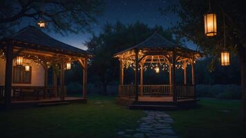 Two wooden gazebos illuminated by lanterns under a starry night sky, creating a serene outdoor atmosphere. photo