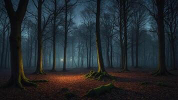 A misty forest scene at night, illuminated by a soft light, creating an eerie yet serene atmosphere. photo