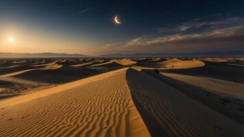A serene desert landscape at dusk, featuring sand dunes and a crescent moon. photo