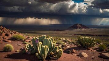A dramatic landscape featuring cacti against a backdrop of stormy clouds and distant rain. photo