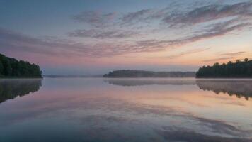 A serene lake at dawn, reflecting colorful clouds and a misty atmosphere, evoking tranquility. photo