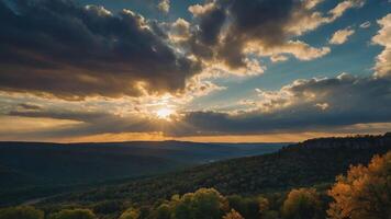 A serene sunset over rolling hills, with rays of light breaking through clouds, highlighting autumn foliage. photo