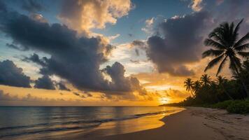 A serene beach scene at sunset with palm trees and a colorful sky reflecting on calm waters. photo