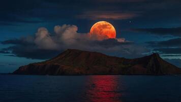 A stunning moonrise over a mountainous island, reflecting on the calm ocean waters under a dramatic sky. photo