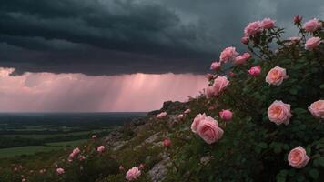 A scenic view of pink roses in the foreground, with dark storm clouds and rays of light in the background. photo