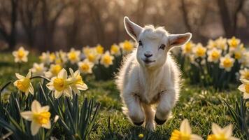 A playful goat frolics among blooming daffodils in a sunlit field. photo