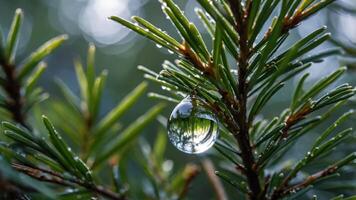 A close-up of pine needles with a water droplet reflecting the surrounding greenery. photo
