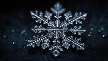 A close-up of a snowflake showcasing its intricate crystalline structure. photo