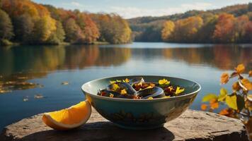 A serene lakeside scene featuring a bowl of colorful food and an orange slice. photo