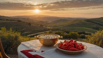 A scenic sunset view with bowls of popcorn and red peppers on a table in a natural landscape. photo