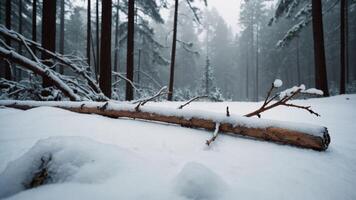 A serene snowy forest landscape with a fallen log and tall trees in the background. photo