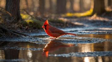 A vibrant red cardinal stands by a reflective puddle in a sunlit forest setting. photo
