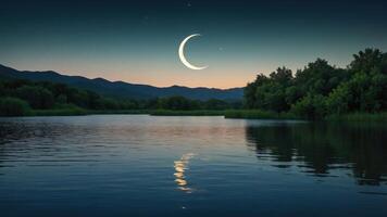 A serene landscape featuring a crescent moon reflected in a calm river at dusk. photo