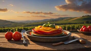 A vibrant vegetable dish on a rustic table with a scenic vineyard backdrop. photo