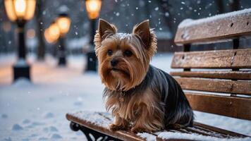 A small dog sitting on a snow-covered bench in a winter park with lanterns glowing. photo