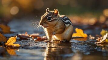 A chipmunk on a wet surface surrounded by autumn leaves, capturing a serene nature moment. photo