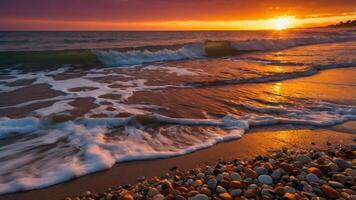 A serene beach scene at sunset, with gentle waves lapping at colorful pebbles on the shore. photo