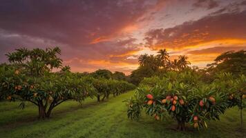 A vibrant sunset over a mango orchard, showcasing lush trees and ripe fruit against a colorful sky. photo